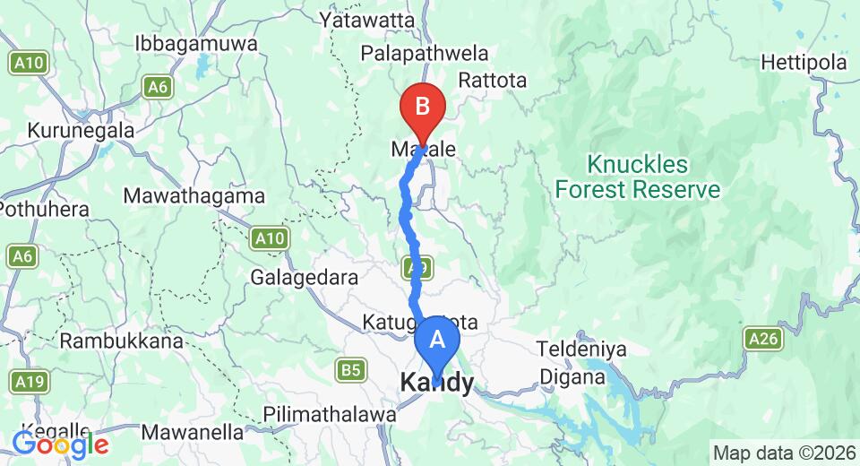 Driving route map: Kandy to Matale (25 km, approx 57 min private transfer)