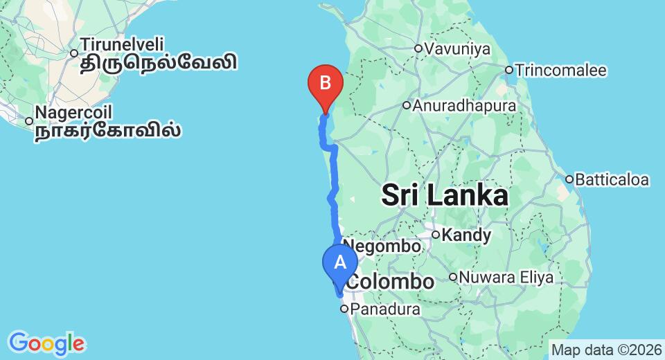 Driving route map: Ratmalana (RML) Airport to Kalpitiya (182 km, approx 4 h 17 min private transfer)