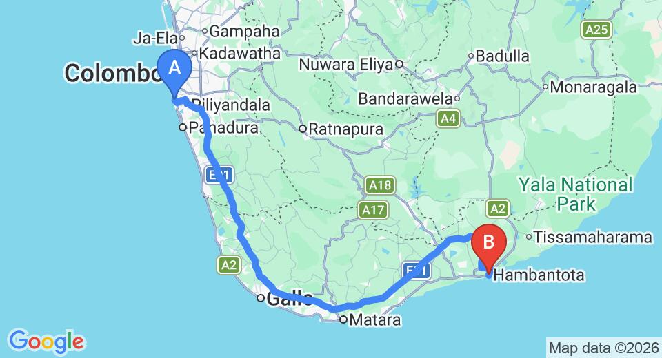 Driving route map: Ratmalana (RML) Airport to Hambantota (229 km, approx 3 h 8 min private transfer)
