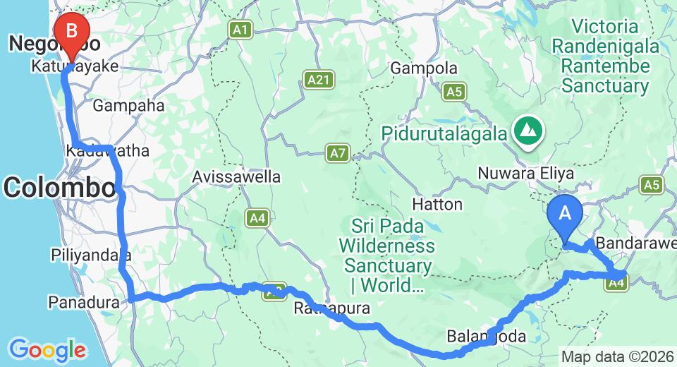 Driving route map: Ohiya to Colombo Airport (CMB) (230 km, approx 5 h 40 min private transfer)