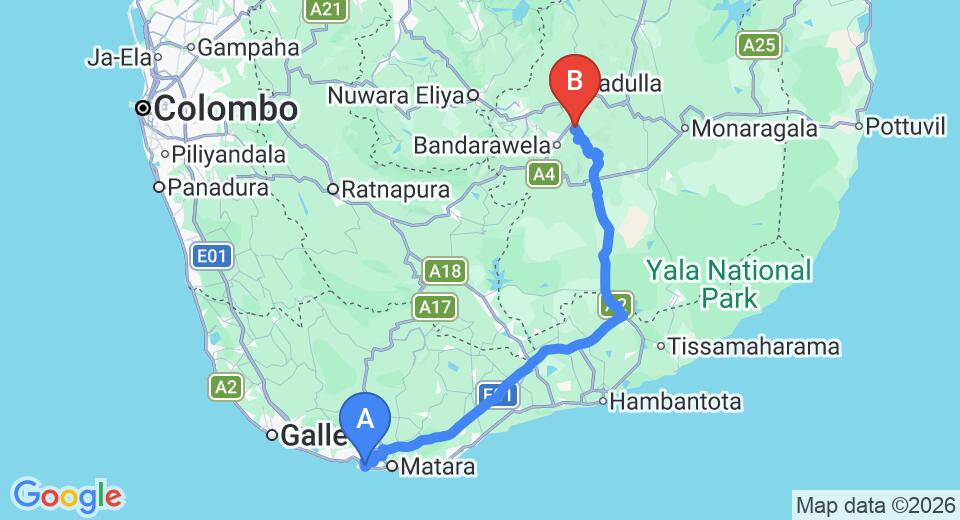 Driving route map: Mirissa to Ella (173 km, approx 3 h 9 min private transfer)