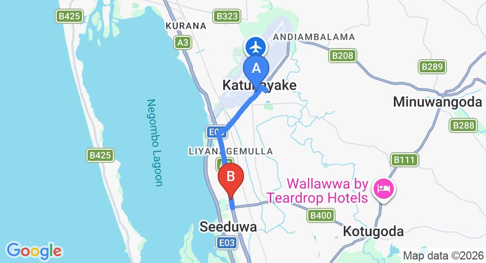 Driving route map: Colombo Airport (CMB) to Niwahana Transit City Hotel, Katunayake (6 km, approx 14 min private transfer)