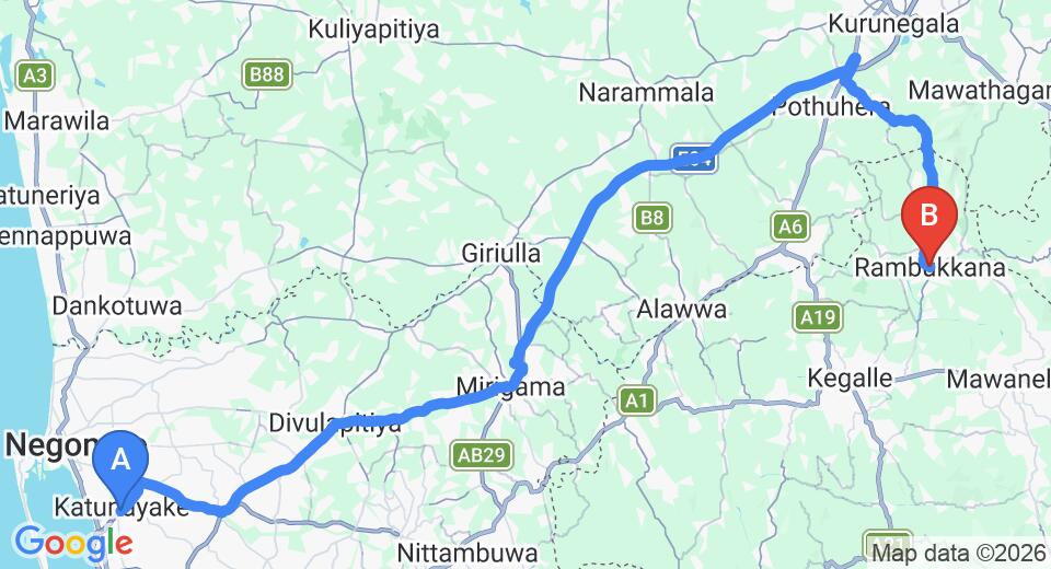Driving route map: Colombo Airport (CMB) to Rambukkana (88 km, approx 1 h 59 min private transfer)
