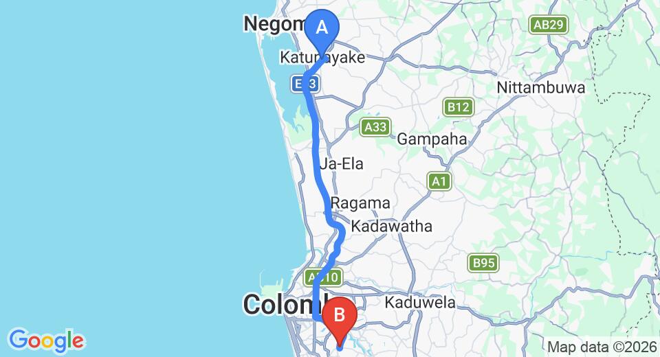 Driving route map: Colombo Airport (CMB) to Kotte (38 km, approx 53 min private transfer)