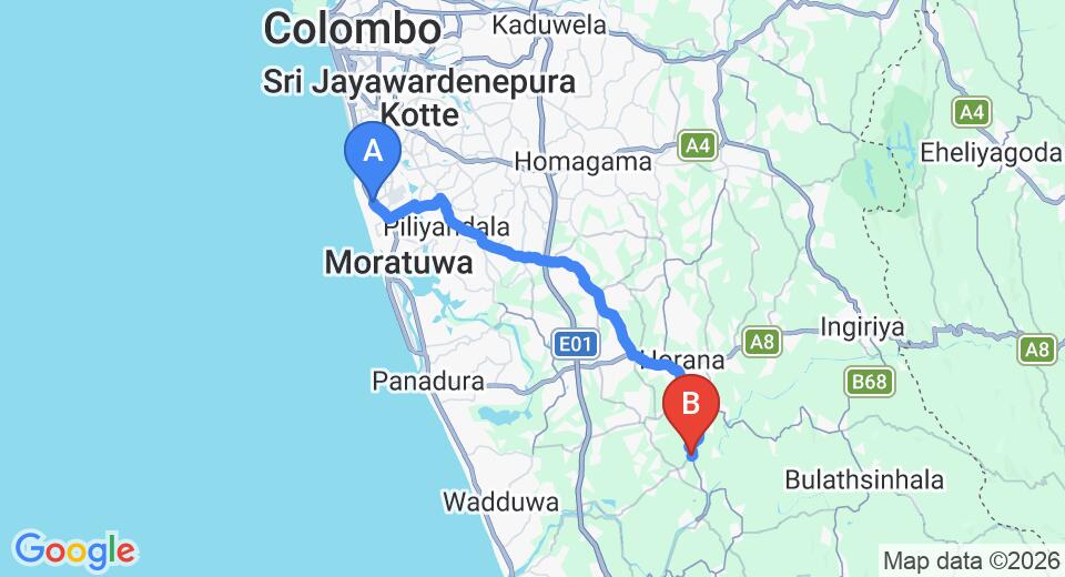 Driving route map: Ratmalana (RML) Airport to Yala (35 km, approx 1 h 5 min private transfer)