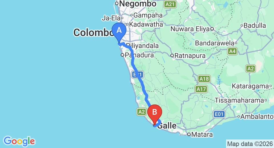 Driving route map: Ratmalana (RML) Airport to Galle (113 km, approx 1 h 52 min private transfer)