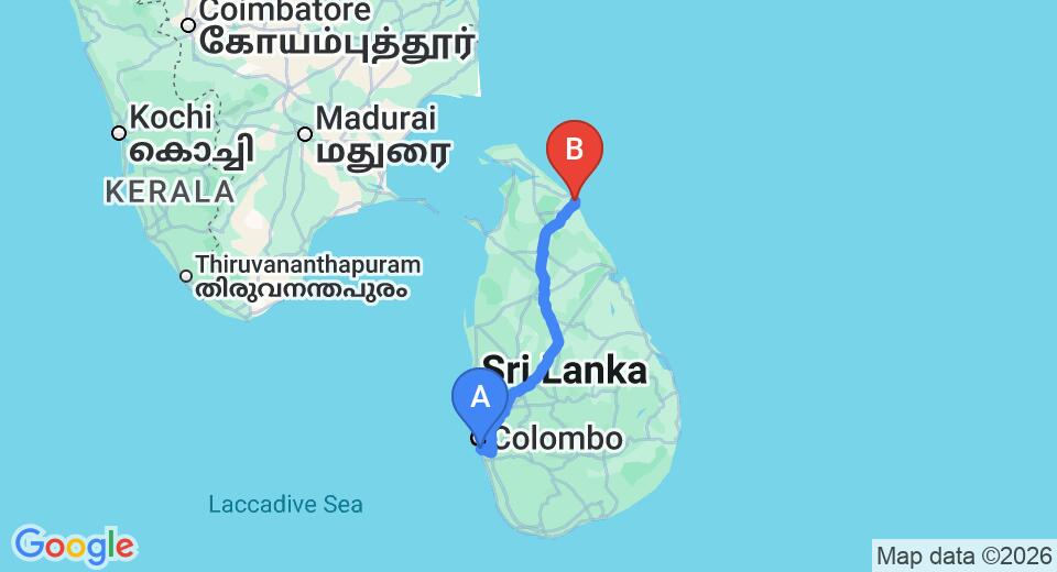 Driving route map: Ratmalana (RML) Airport to Mullaitivu (354 km, approx 7 h 3 min private transfer)