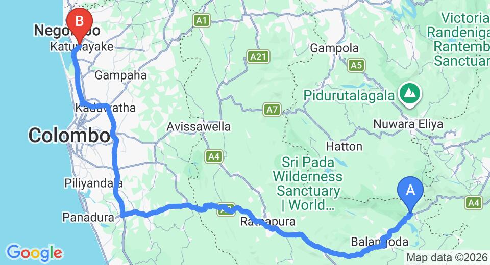 Driving route map: Belihuloya to Colombo Airport (CMB) (178 km, approx 4 h 3 min private transfer)