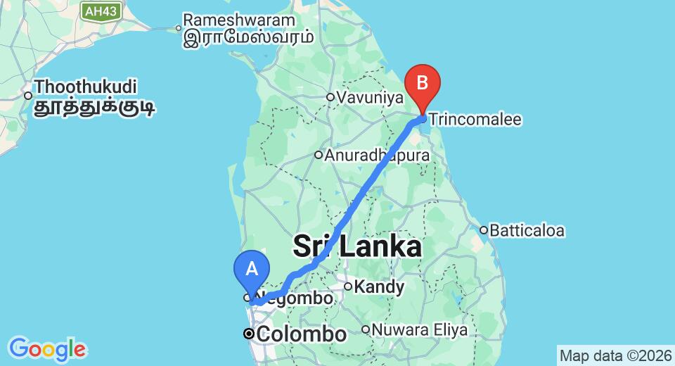 Driving route map: Colombo Airport (CMB) to Uppuveli Beach House, Trincomalee (237 km, approx 4 h 49 min private transfer)