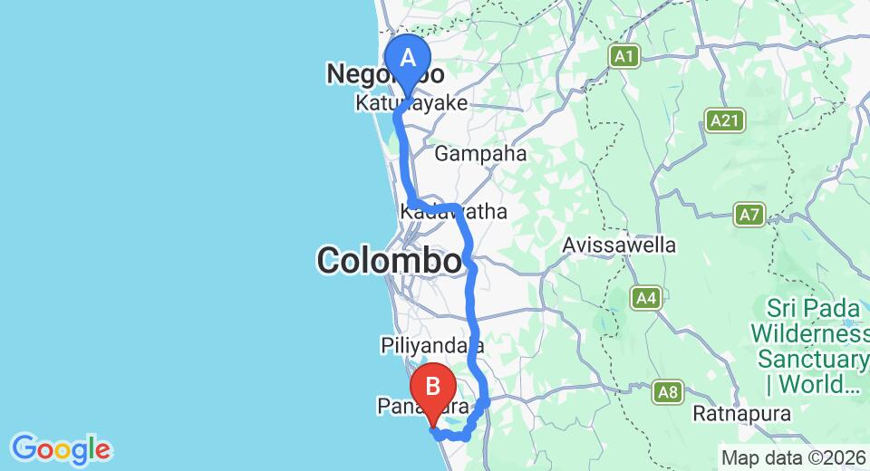 Driving route map: Colombo Airport (CMB) to The Villas, Wadduwa (80 km, approx 1 h 25 min private transfer)