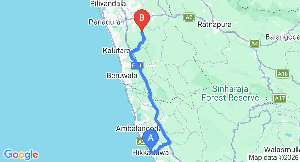 Driving route map: Hikkaduwa to Yala (78 km, approx 1 h 29 min private transfer)