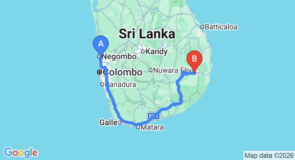 Driving route map: Colombo Airport (CMB) to Siyambalanduwa (380 km, approx 5 h 41 min private transfer)