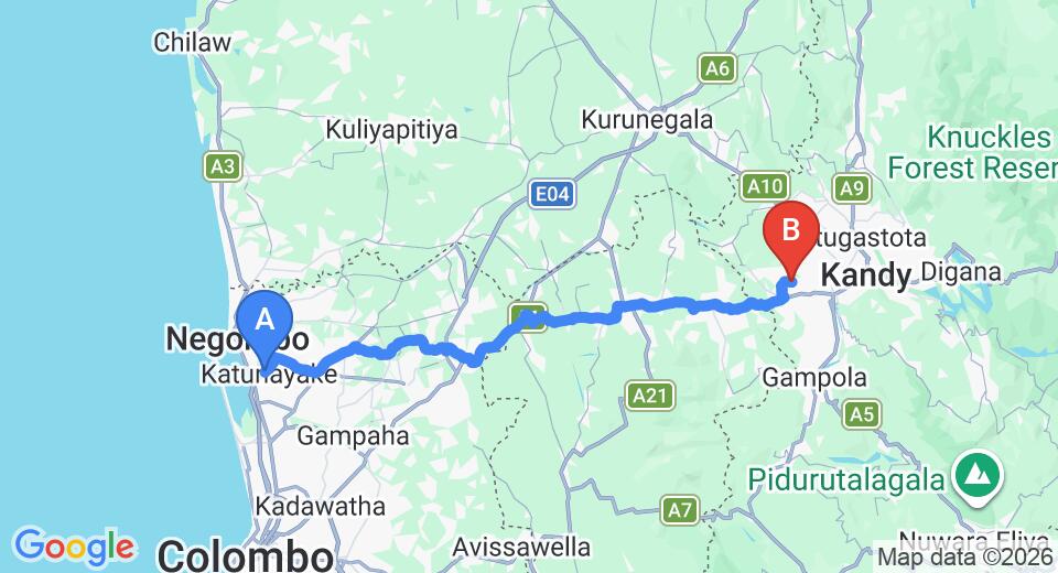 Driving route map: Colombo Airport (CMB) to Yatinuwara (93 km, approx 2 h 42 min private transfer)