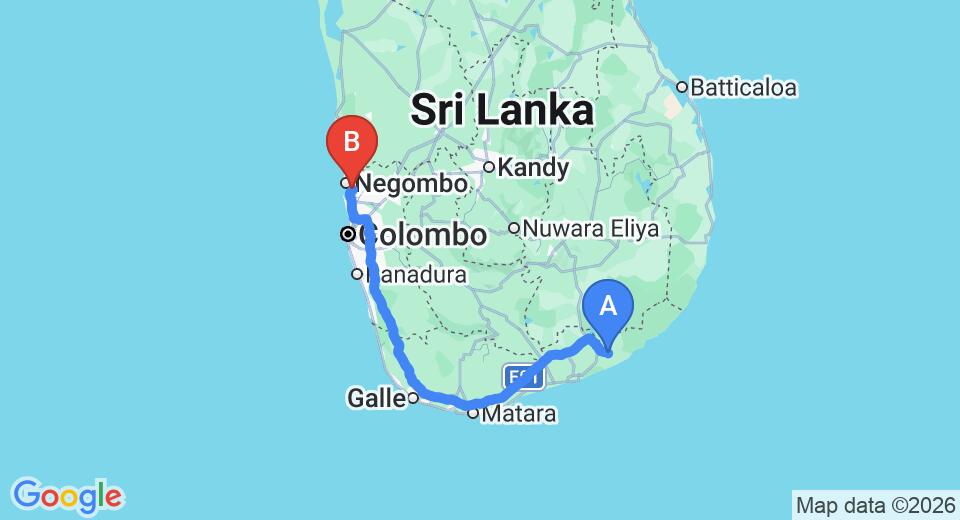 Driving route map: Tissamaharama to Colombo Airport (CMB) (277 km, approx 3 h 38 min private transfer)