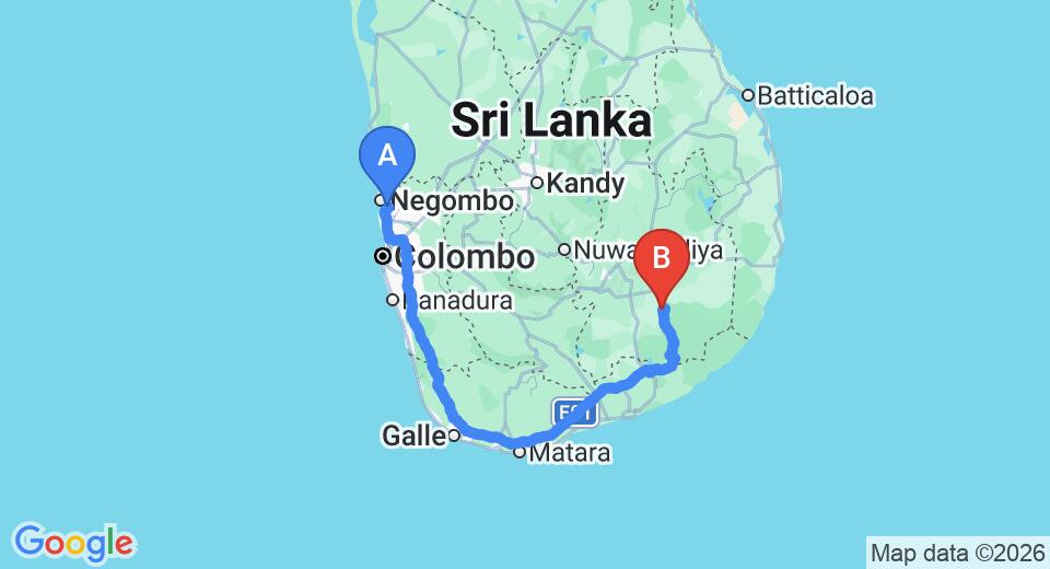 Driving route map: Colombo Airport (CMB) to Wild Escape, Buttala (318 km, approx 4 h 22 min private transfer)