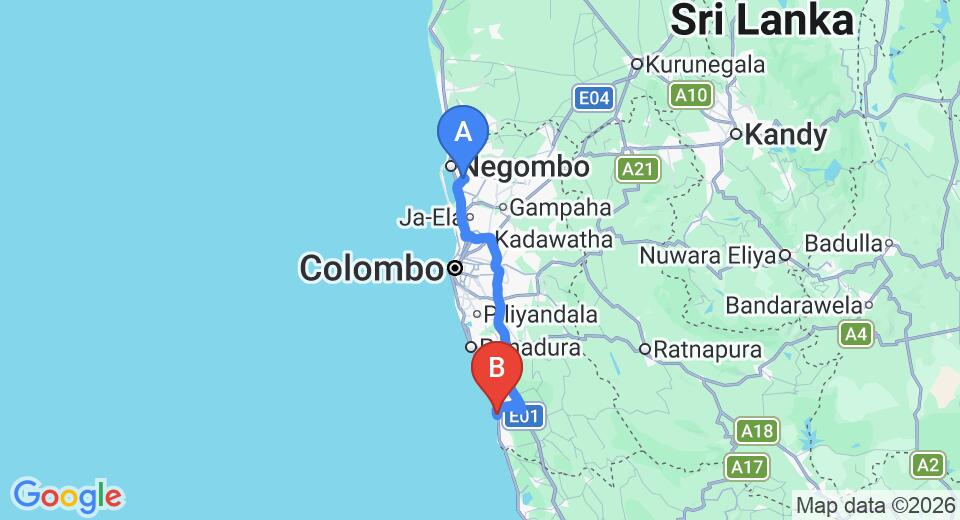 Driving route map: Colombo Airport (CMB) to Emerald Villa, Kalutara (95 km, approx 1 h 34 min private transfer)
