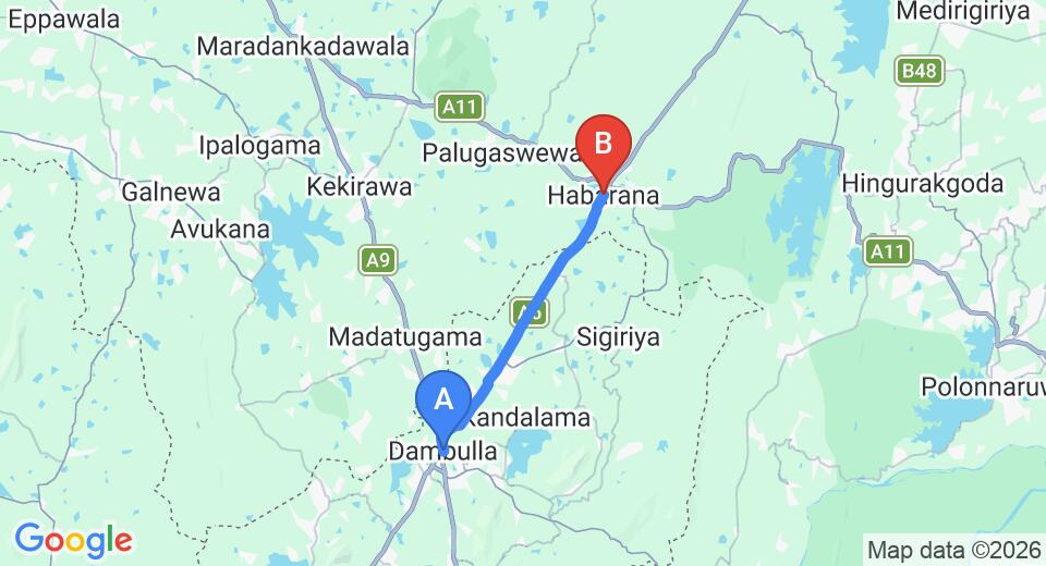 Driving route map: Dambulla to Habarana (22 km, approx 26 min private transfer)