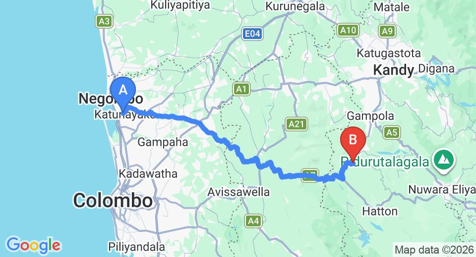 Driving route map: Colombo Airport (CMB) to Hynford bungalow, Nawalapitiya (106 km, approx 3 h 14 min private transfer)