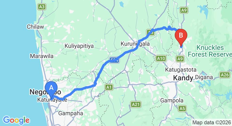 Driving route map: Colombo Airport (CMB) to Rest House Matale, Matale (124 km, approx 2 h 54 min private transfer)