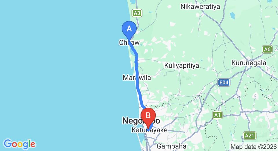 Driving route map: Chilaw to Colombo Airport (CMB) (53 km, approx 1 h 30 min private transfer)