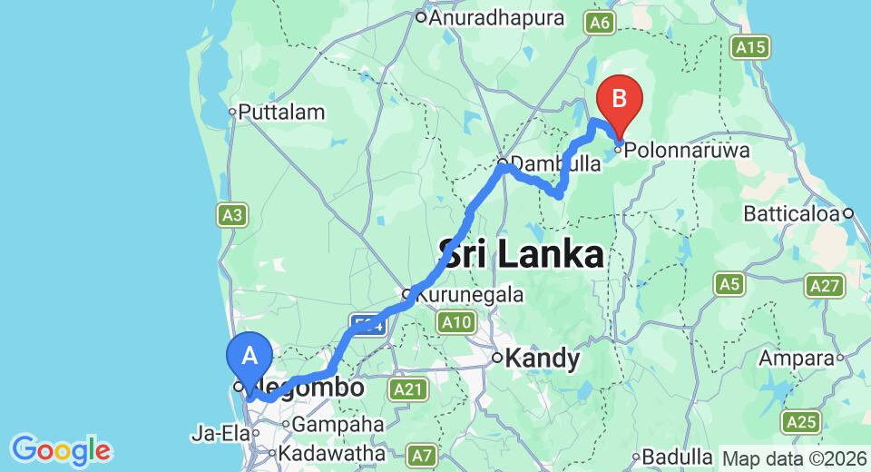 Driving route map: Colombo Airport (CMB) to Rock Cascade Home Stay, Polonnaruwa (197 km, approx 4 h 4 min private transfer)
