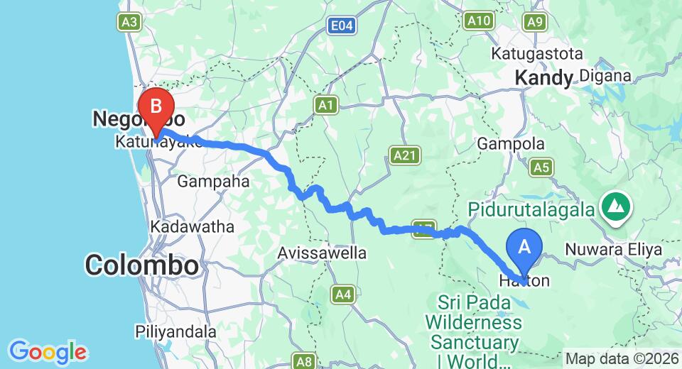 Driving route map: Hatton to Colombo Airport (CMB) (119 km, approx 3 h 37 min private transfer)