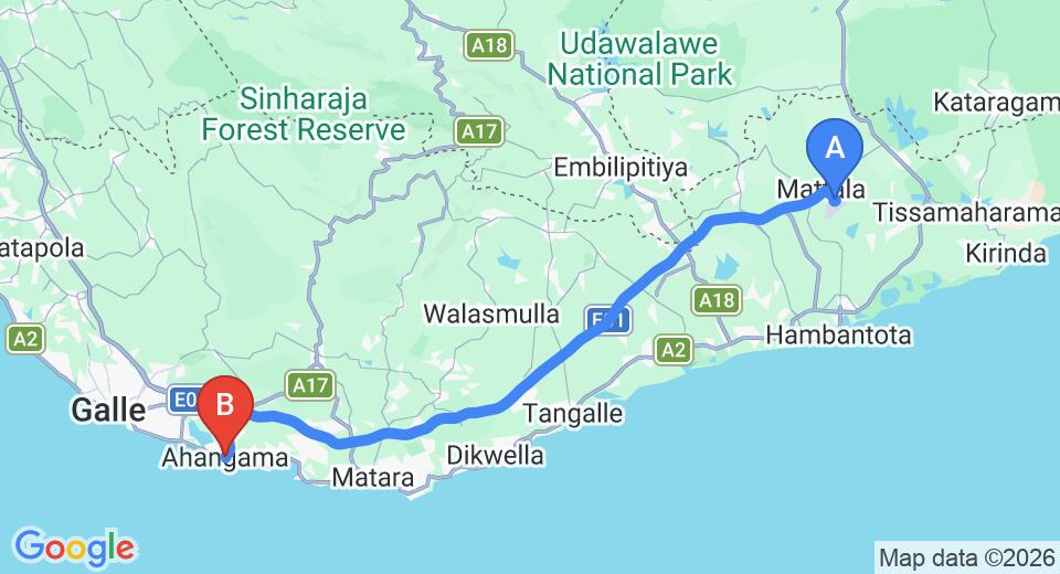 Driving route map: Mattala (HRI) Airport to Ahangama (106 km, approx 1 h 30 min private transfer)