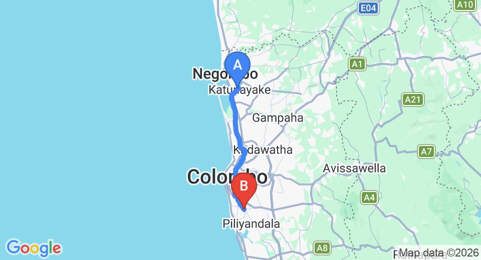Driving route map: Colombo Airport (CMB) to Sanasuma, Boralesgamuwa (42 km, approx 1 h 5 min private transfer)
