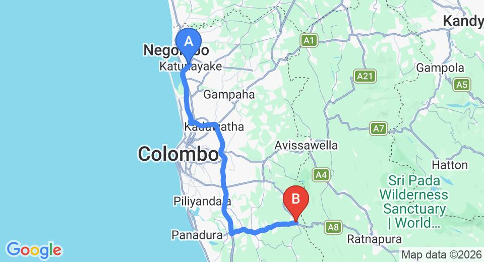 Driving route map: Colombo Airport (CMB) to Ingiriya (85 km, approx 1 h 35 min private transfer)