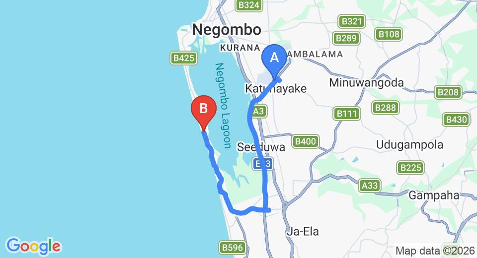 Driving route map: Colombo Airport (CMB) to Ziegler Cottage, Negombo (22 km, approx 33 min private transfer)