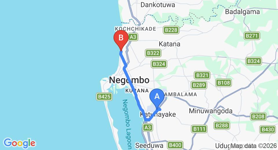 Driving route map: Colombo Airport (CMB) to Topaz Beach Hotel, Negombo (13 km, approx 31 min private transfer)