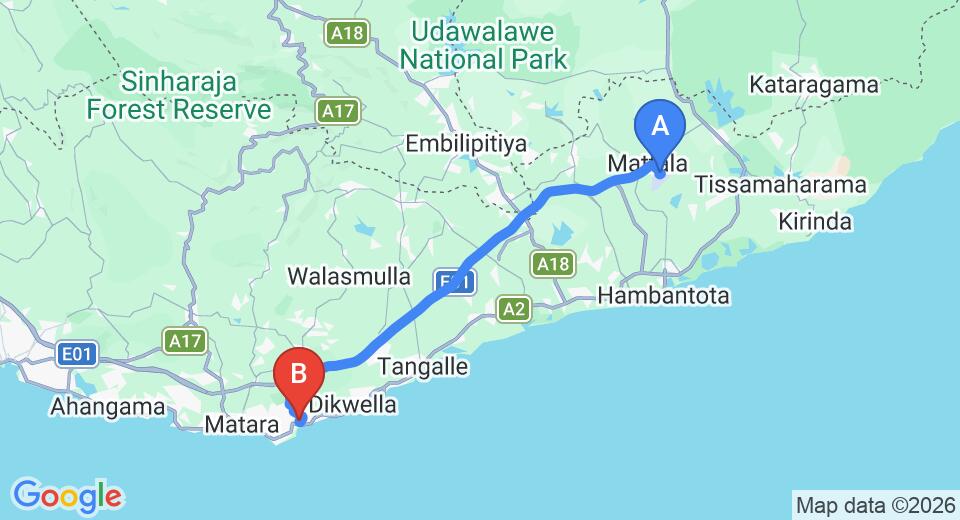 Driving route map: Mattala (HRI) Airport to Talalla (79 km, approx 1 h 13 min private transfer)