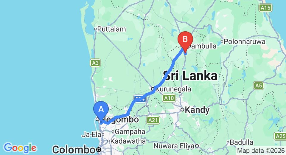 Driving route map: Colombo Airport (CMB) to Elephant Stables Dambulla, Dambulla (135 km, approx 2 h 57 min private transfer)