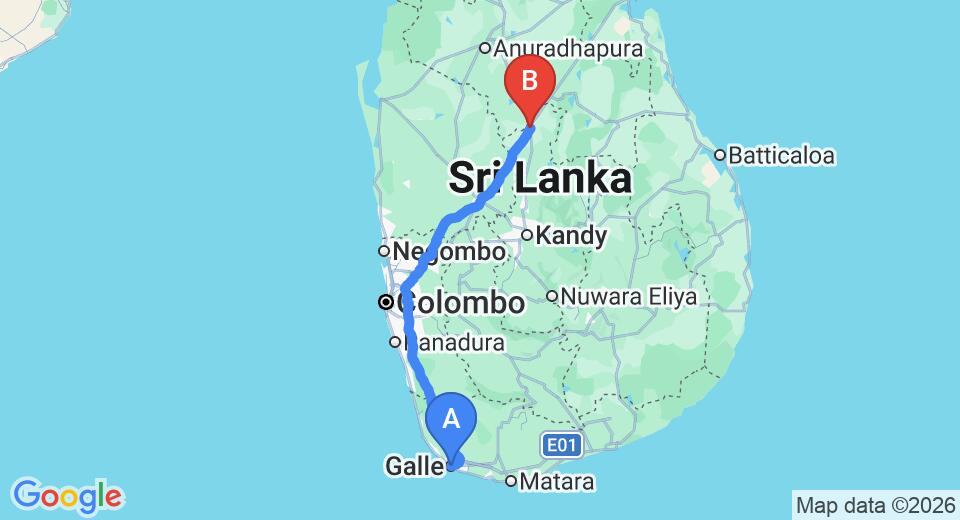 Driving route map: Galle to Dambulla (257 km, approx 4 h 36 min private transfer)