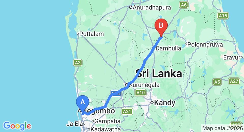 Driving route map: Colombo Airport (CMB) to Cassandra Culture Resort, Sigiriya (147 km, approx 3 h 11 min private transfer)
