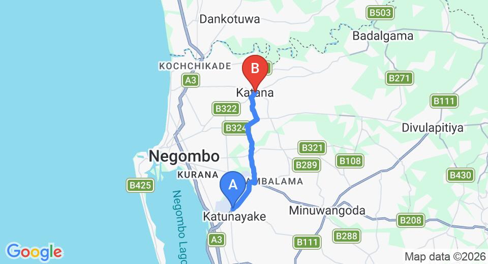 Driving route map: Colombo Airport (CMB) to Katana (11 km, approx 23 min private transfer)