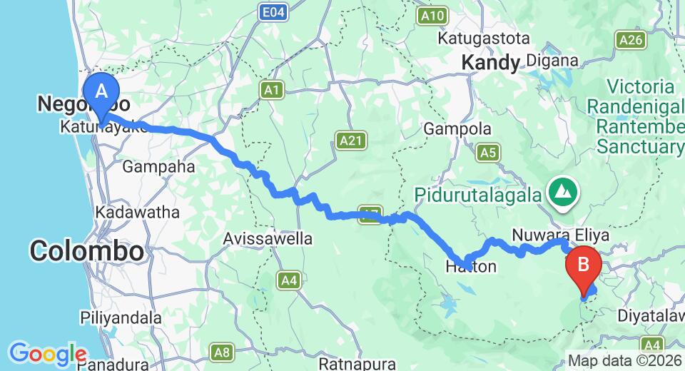 Driving route map: Colombo Airport (CMB) to Horton Plains (173 km, approx 5 h 31 min private transfer)