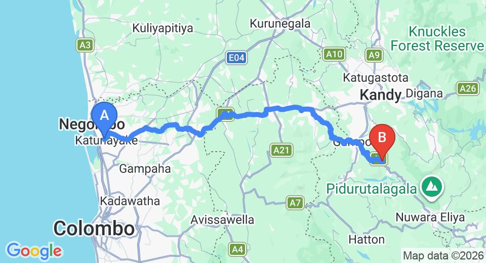 Driving route map: Colombo Airport (CMB) to Pussellawa (121 km, approx 3 h 39 min private transfer)