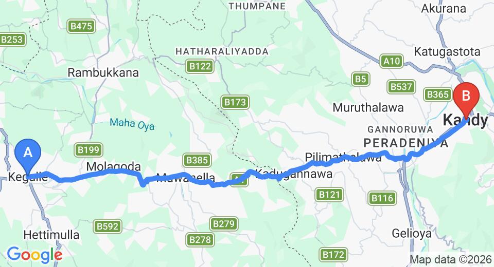 Driving route map: Kegalle to Kandy (38 km, approx 1 h 17 min private transfer)