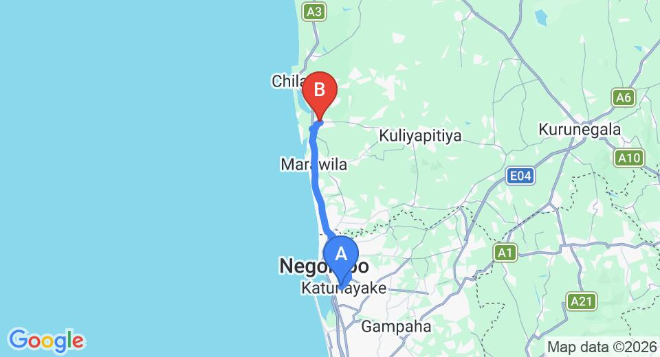 Driving route map: Colombo Airport (CMB) to Madampe (43 km, approx 1 h 16 min private transfer)