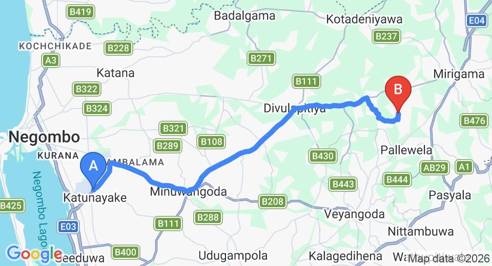 Driving route map: Colombo Airport (CMB) to Bokalagama (29 km, approx 54 min private transfer)