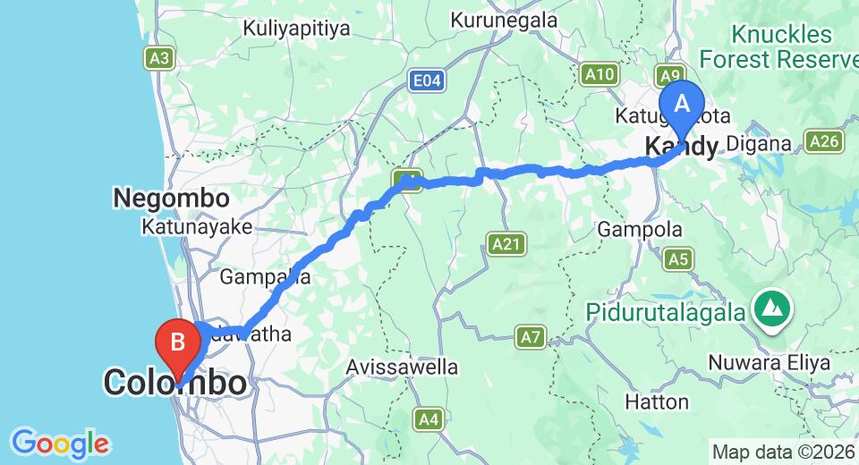 Driving route map: Kandy to Colombo (121 km, approx 3 h 22 min private transfer)