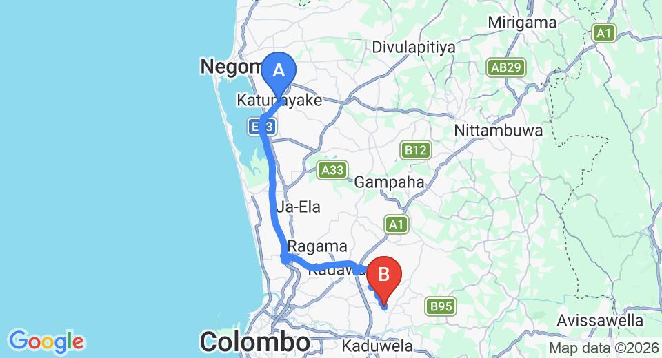 Driving route map: Colombo Airport (CMB) to Siyambalape (37 km, approx 48 min private transfer)