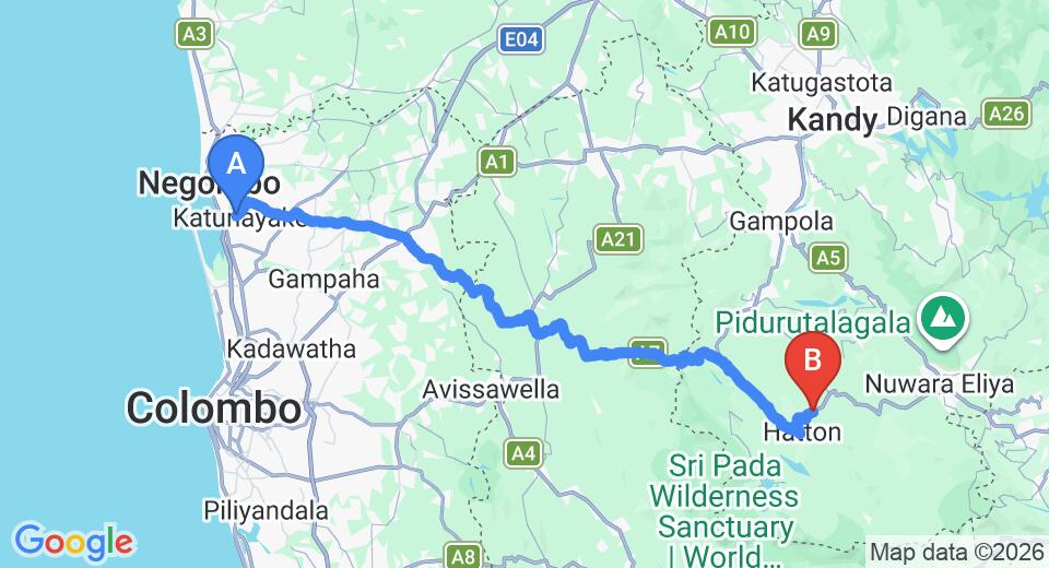 Driving route map: Colombo Airport (CMB) to Santees Garden House, Kotagala (121 km, approx 3 h 44 min private transfer)