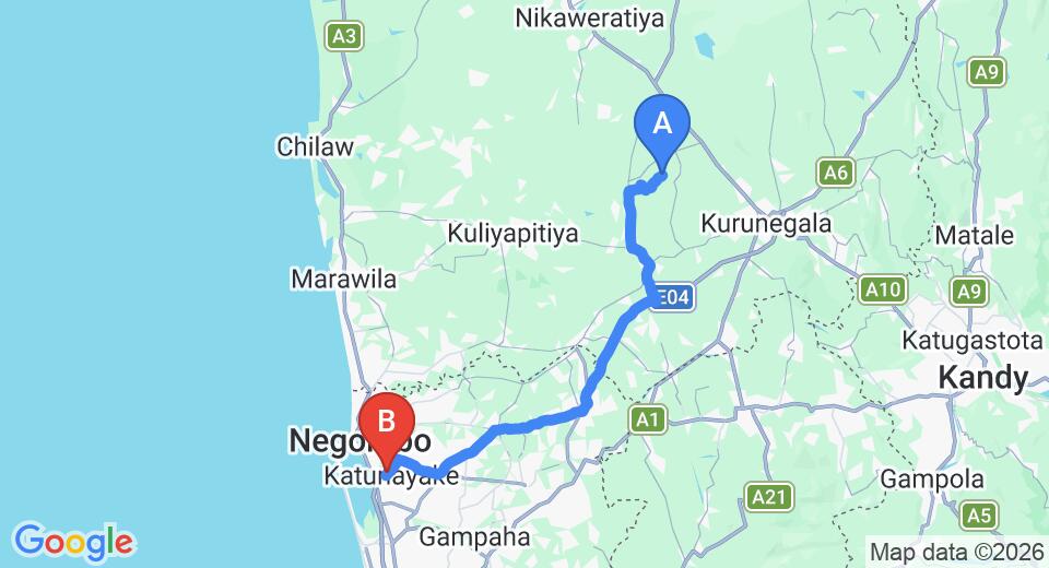 Driving route map: Panadaragama to Colombo Airport (CMB) (77 km, approx 1 h 52 min private transfer)