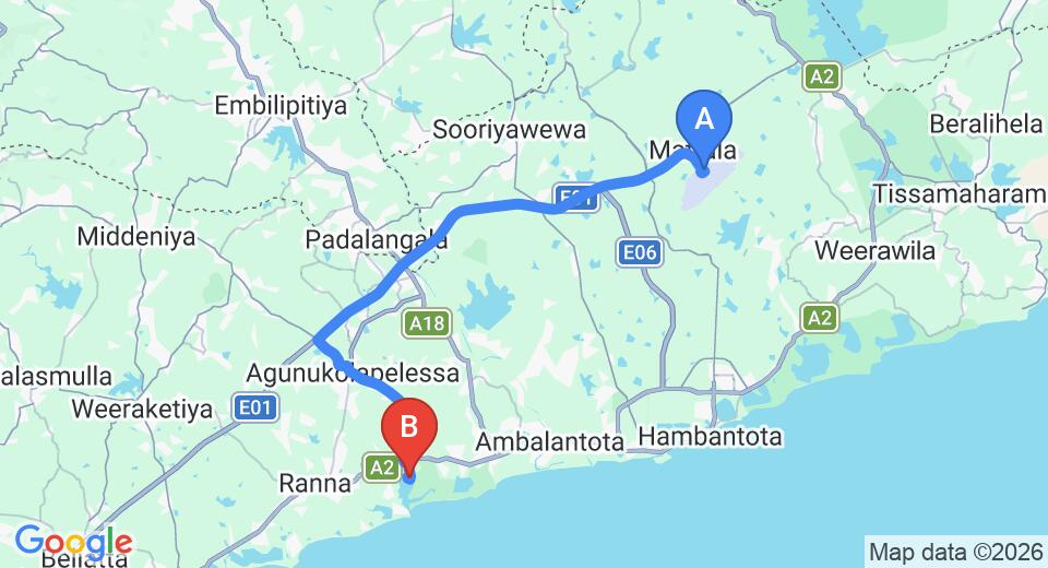 Driving route map: Mattala (HRI) Airport to Kalametiya (46 km, approx 46 min private transfer)