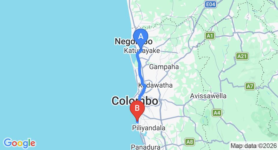 Driving route map: Colombo Airport (CMB) to Mount Lavinia (43 km, approx 1 h 10 min private transfer)