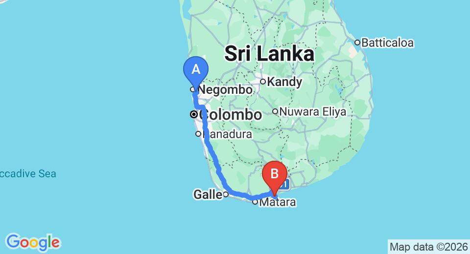 Driving route map: Colombo Airport (CMB) to Eco Villa, Tangalle (212 km, approx 2 h 53 min private transfer)