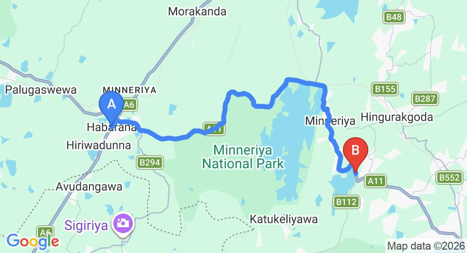 Driving route map: Habarana to Giritale (31 km, approx 37 min private transfer)