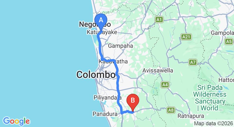 Driving route map: Colombo Airport (CMB) to Horana (72 km, approx 1 h 16 min private transfer)